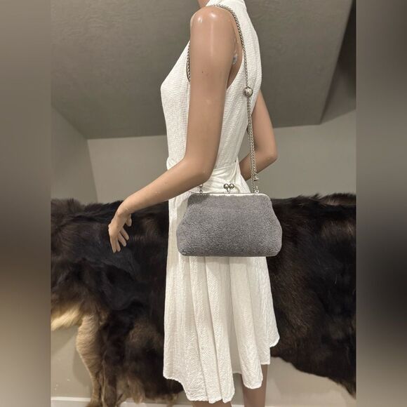 Gray Real Shearling Leather Handmade Kisslock Clutch Shoulder Bag, Crossbody - Picture 4 of 14